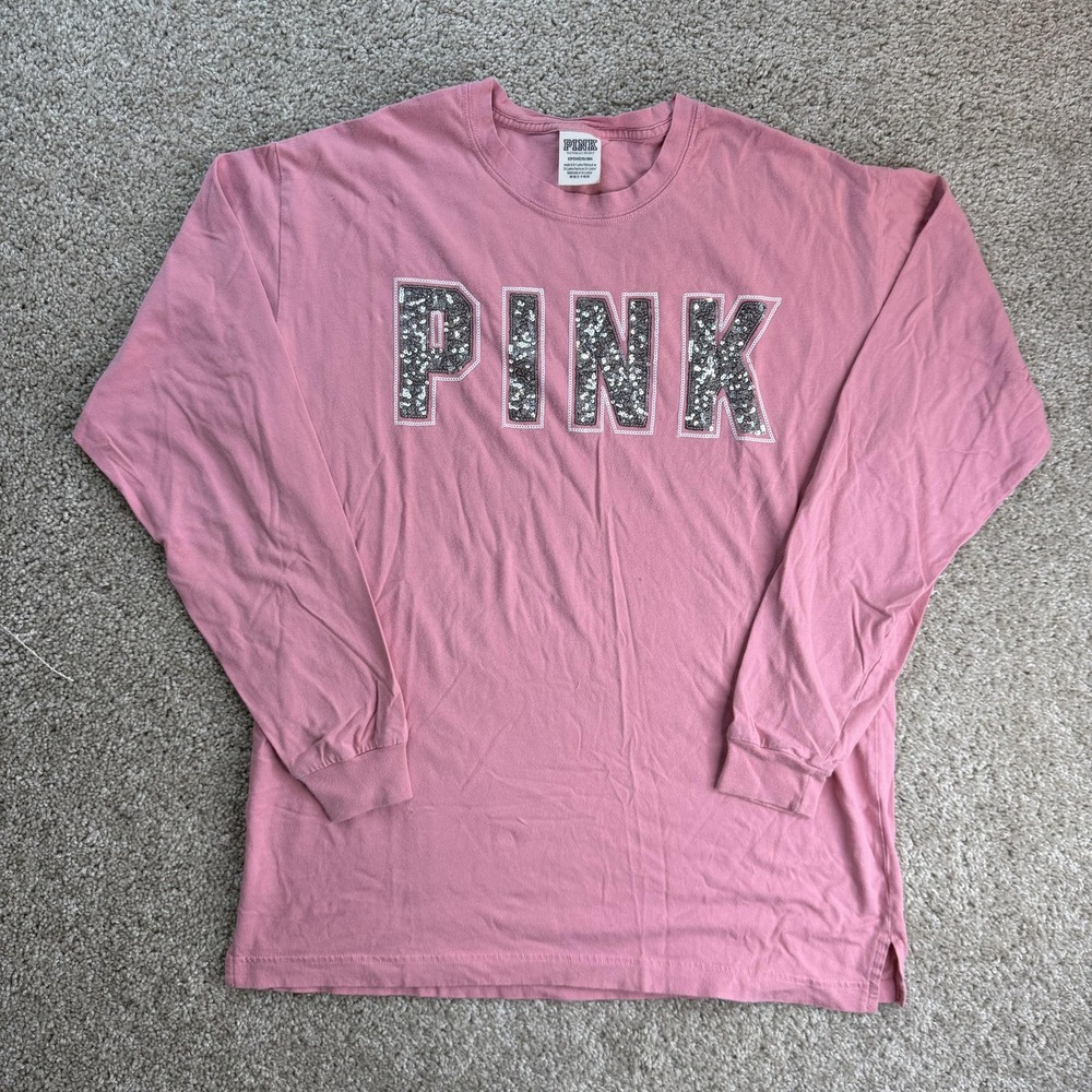 PINK Victoria's Secret Shirt Womens S Pink Long Sleeve Glitter Logo Tee Top